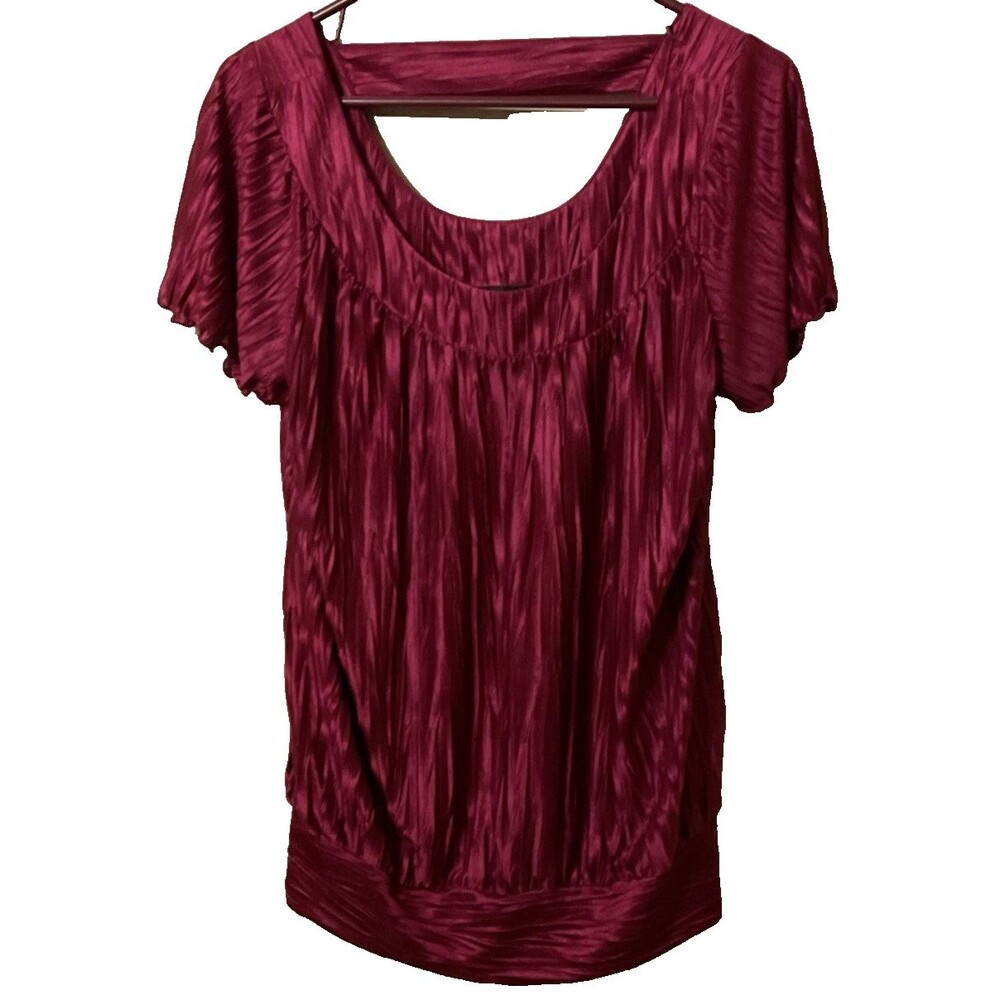 Alyx Burgundy Crinkle Plisse Banded Hem Blouse Top Size Large Scoop Neck Wine